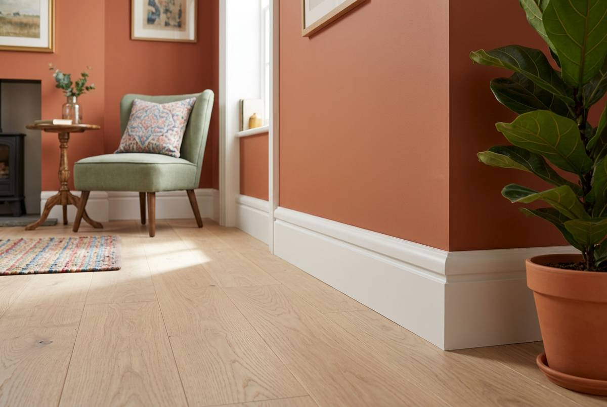 AI-generated room visualisation with white skirting, terracotta walls, pale oak flooring and a sage-green chair.