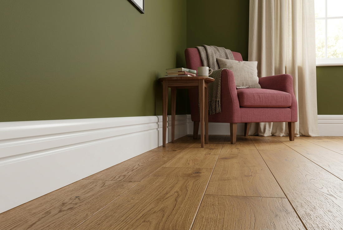 AI-generated room visualisation of white bullnose two-groove skirting with olive-green walls, oak flooring and a raspberry armchair.