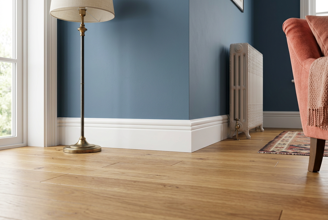 AI-generated room visualisation with white skirting, dusty blue walls, oak flooring and a coral armchair.