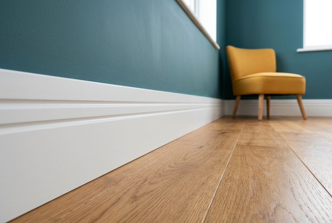 AI-generated room visualisation with white skirting, teal walls, oak flooring and a mustard-yellow chair.
