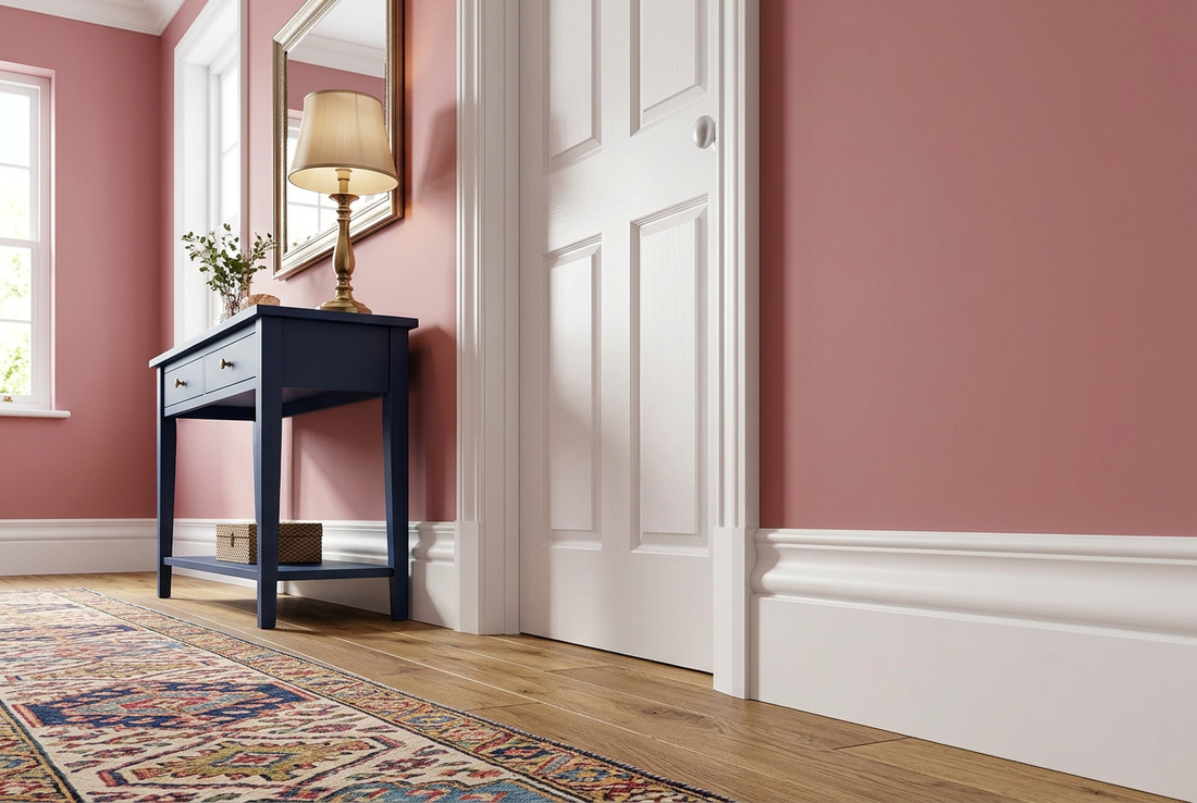 AI hallway visualisation with dusty rose walls, navy console and white Ogee-style skirting and matching architrave