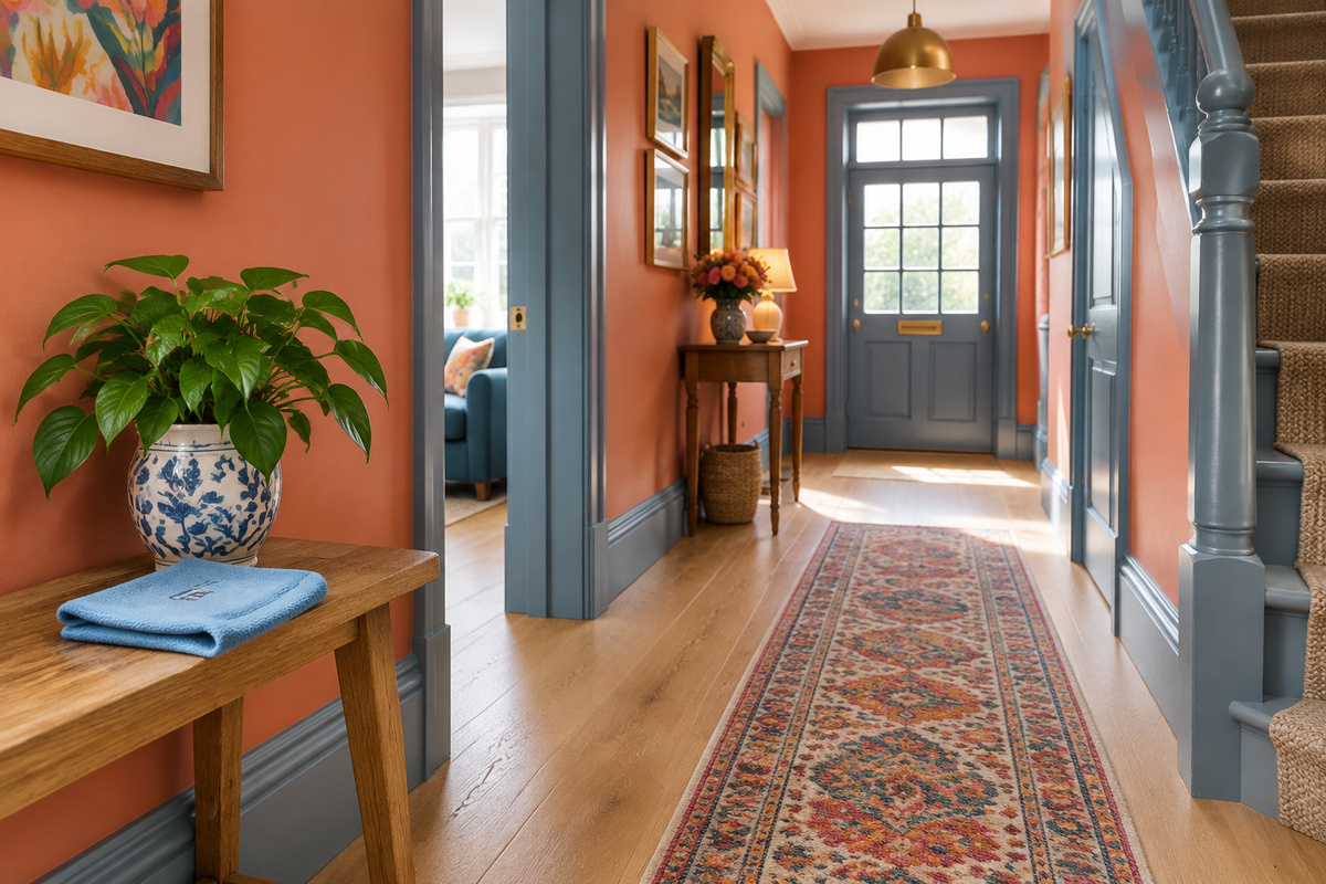 Illustrative colourful hallway with dusty blue skirting and architraves, coral walls and a soft cloth on a bench