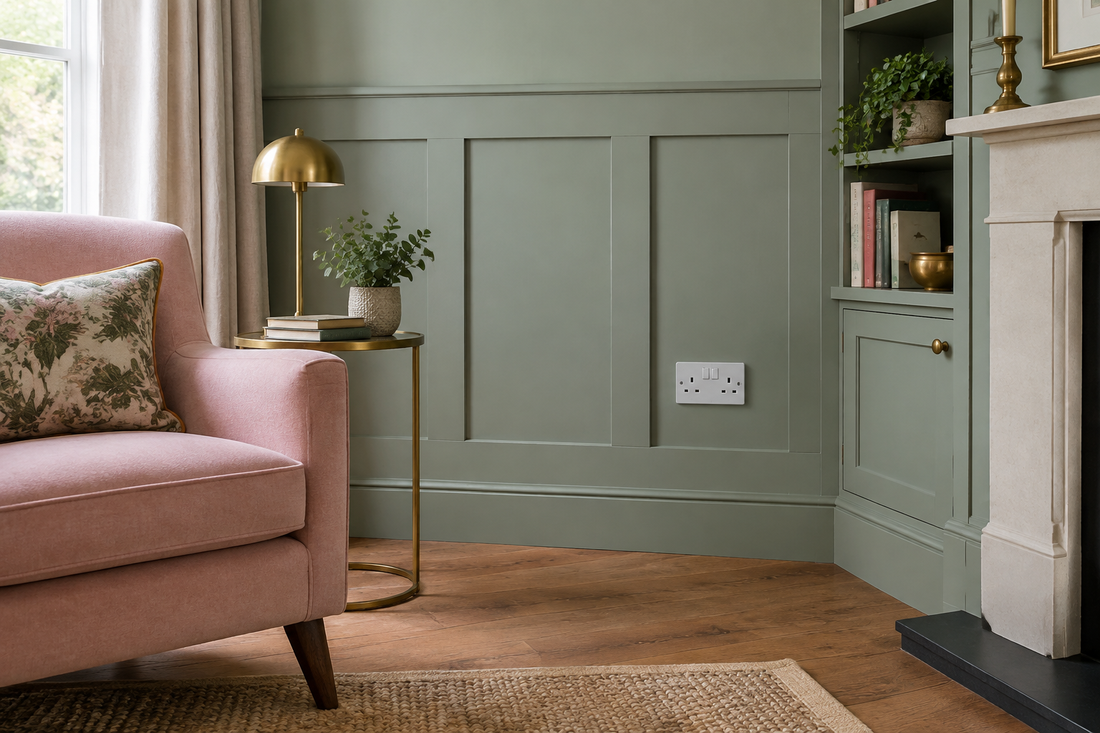 Illustrative sage green wall panelling with a UK socket in a flat panel area and a blush armchair