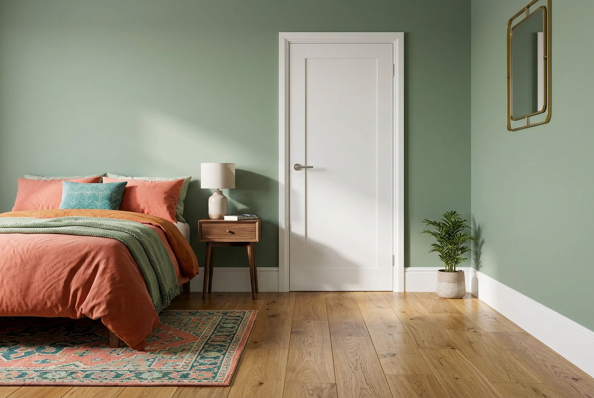 AI bedroom visualisation with sage green walls, coral bedding and white Pencil Round-style skirting and matching architrave