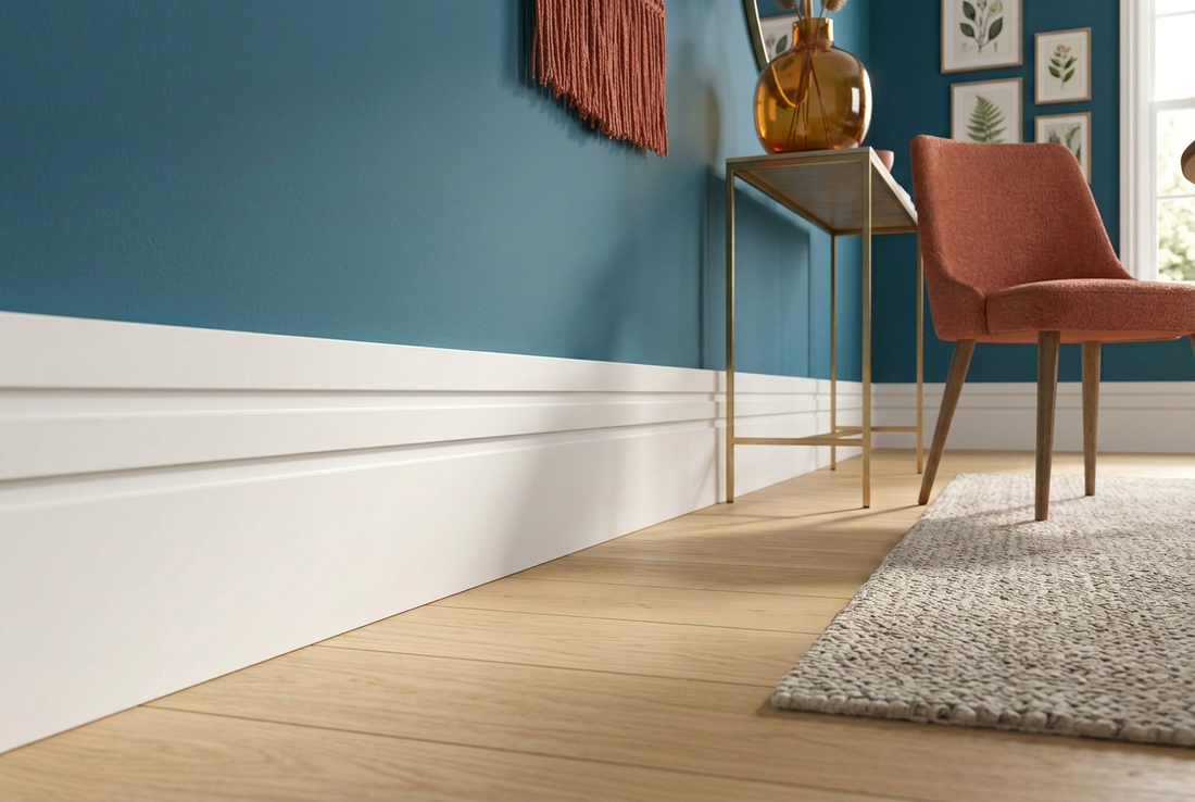 AI-generated room visualisation of white two-groove skirting beside petrol-blue walls, oak flooring and a terracotta chair.