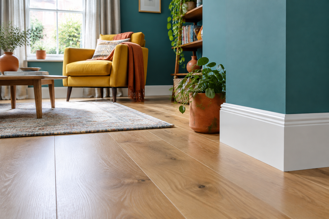 Illustrative teal living room with white skirting, oak flooring and a mustard armchair