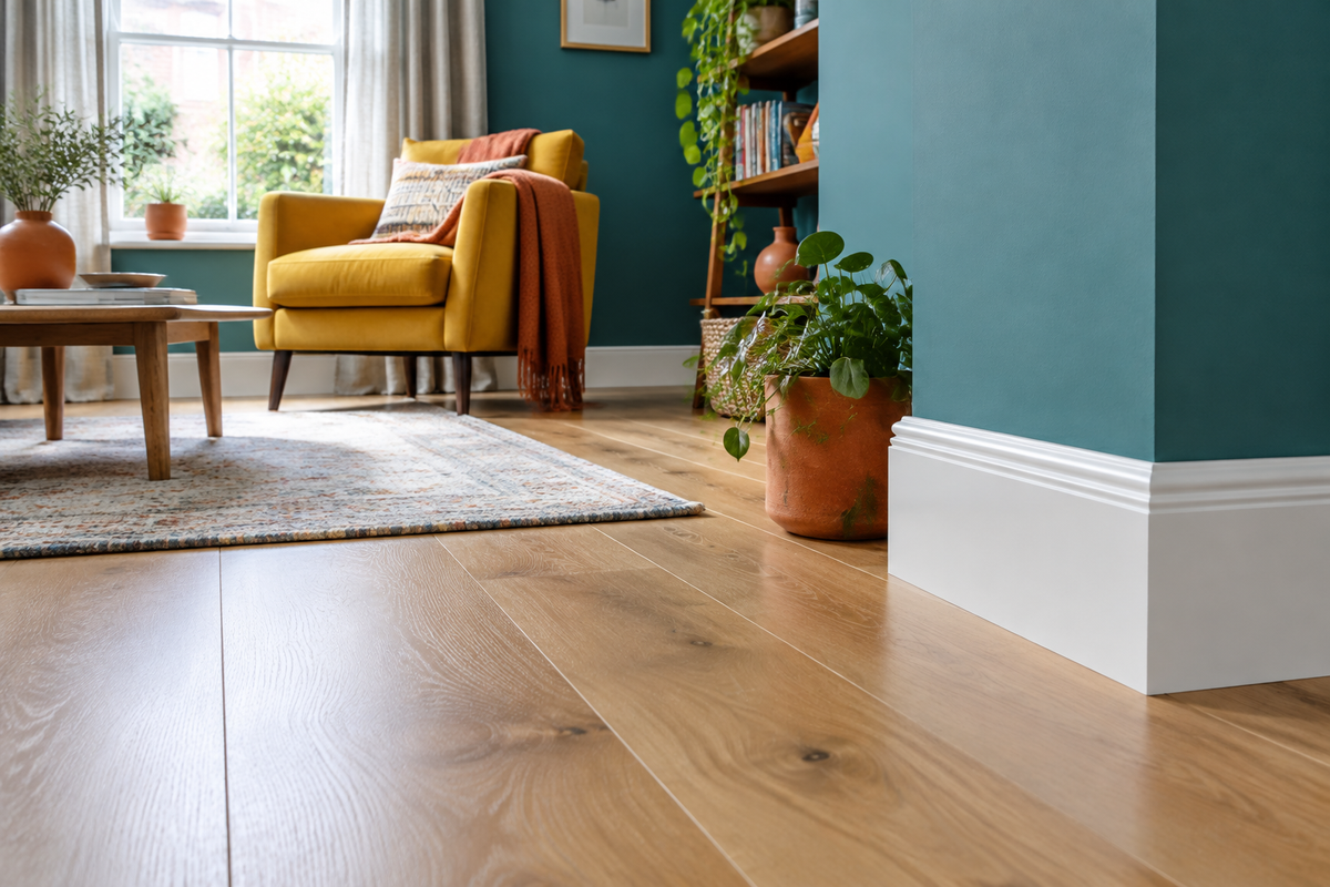 Illustrative teal living room with white skirting, oak flooring and a mustard armchair