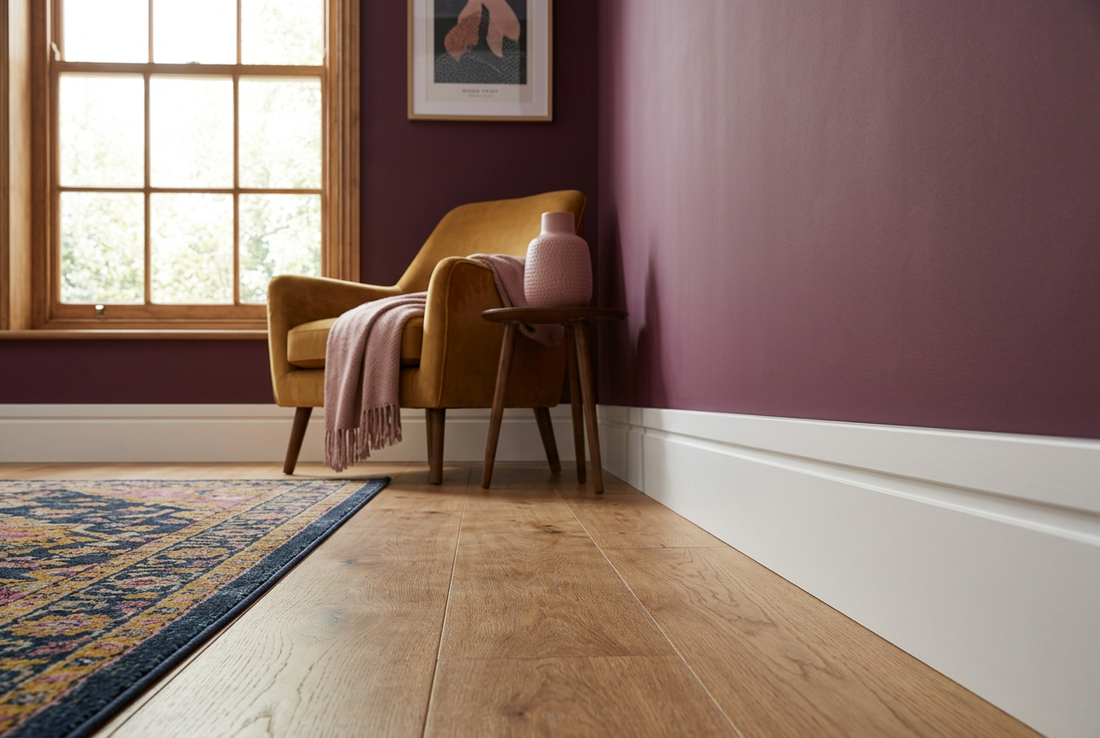 AI-generated room visualisation of white single-groove skirting beside plum walls, oak flooring and a mustard armchair.