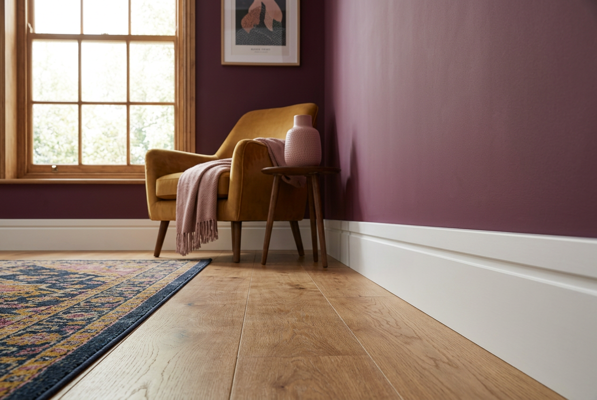 AI-generated room visualisation of white single-groove skirting beside plum walls, oak flooring and a mustard armchair.