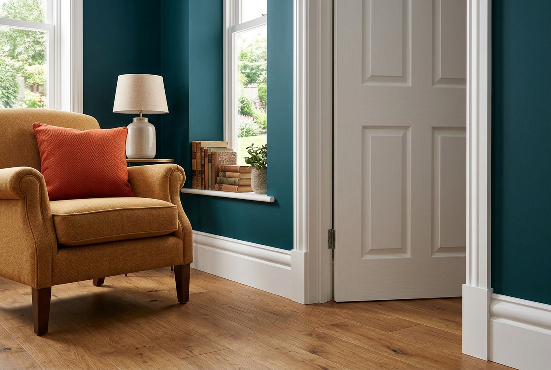 AI room visualisation with teal walls, an ochre armchair and white Torus-style skirting and matching doorway architrave