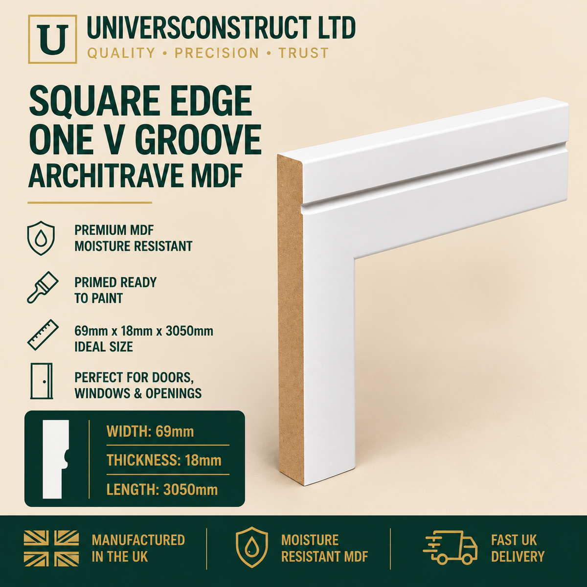 Square Edge One V Groove MDF architrave, 69mm x 18mm x 3050mm, with a square edge and single V groove.