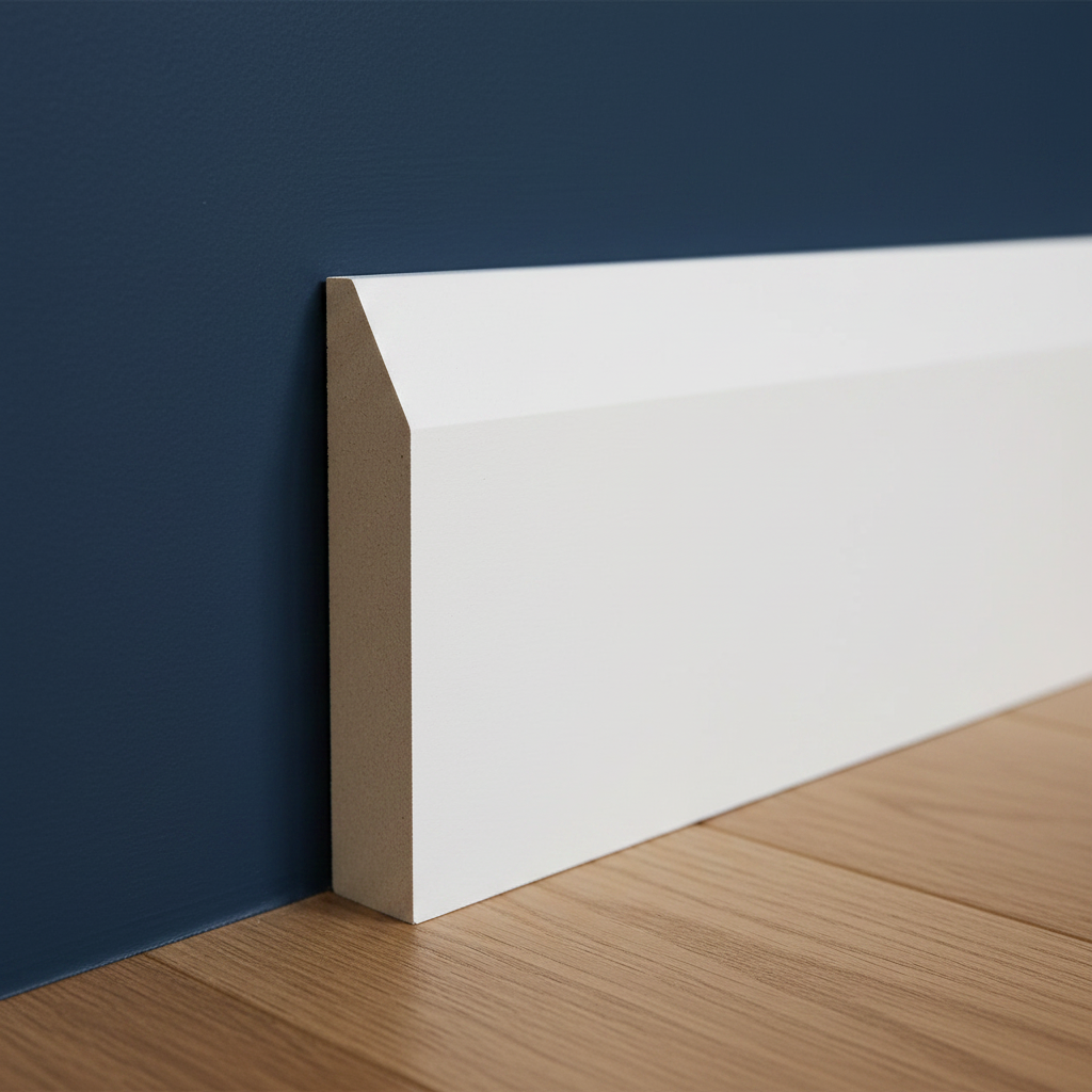 Chamfer Round Skirting Board on Blue Wall