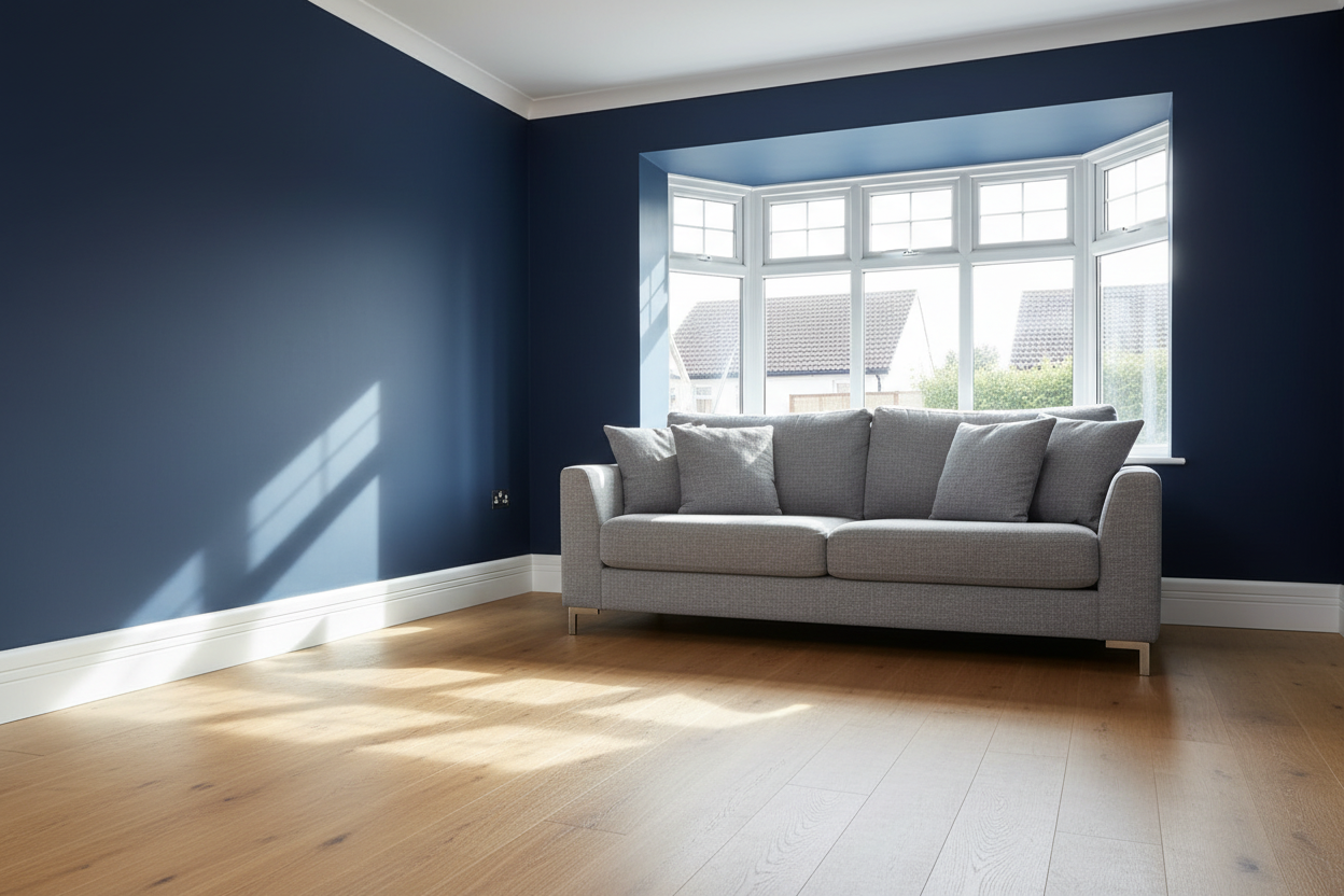 Pencil Round & Two V Groove Skirting Board on Blue Wall