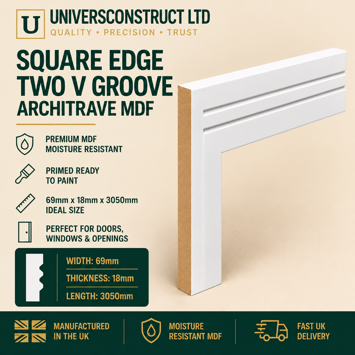 Square Edge Two V Groove MDF architrave with square edge and two V grooves, 69mm x 18mm x 3050mm.