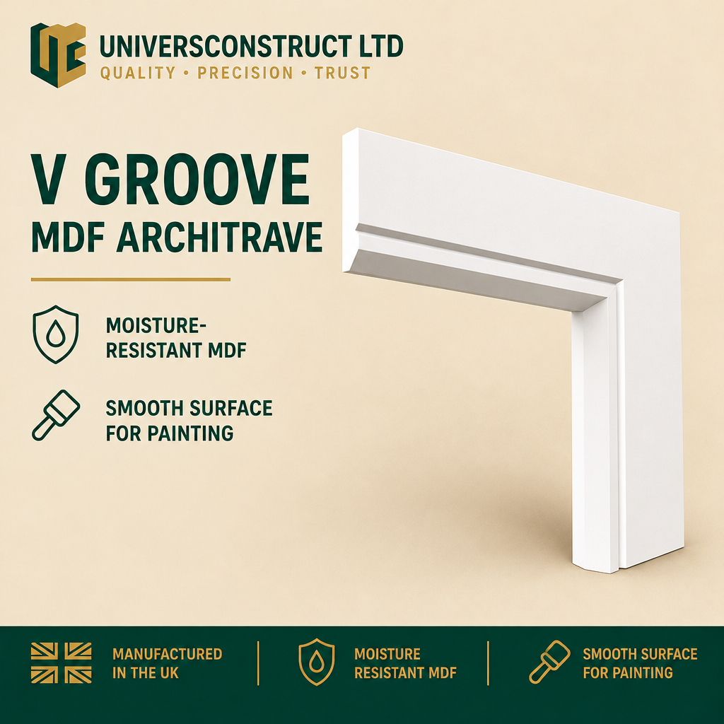 V Groove architrave in cream, forest-green and gold Univers style