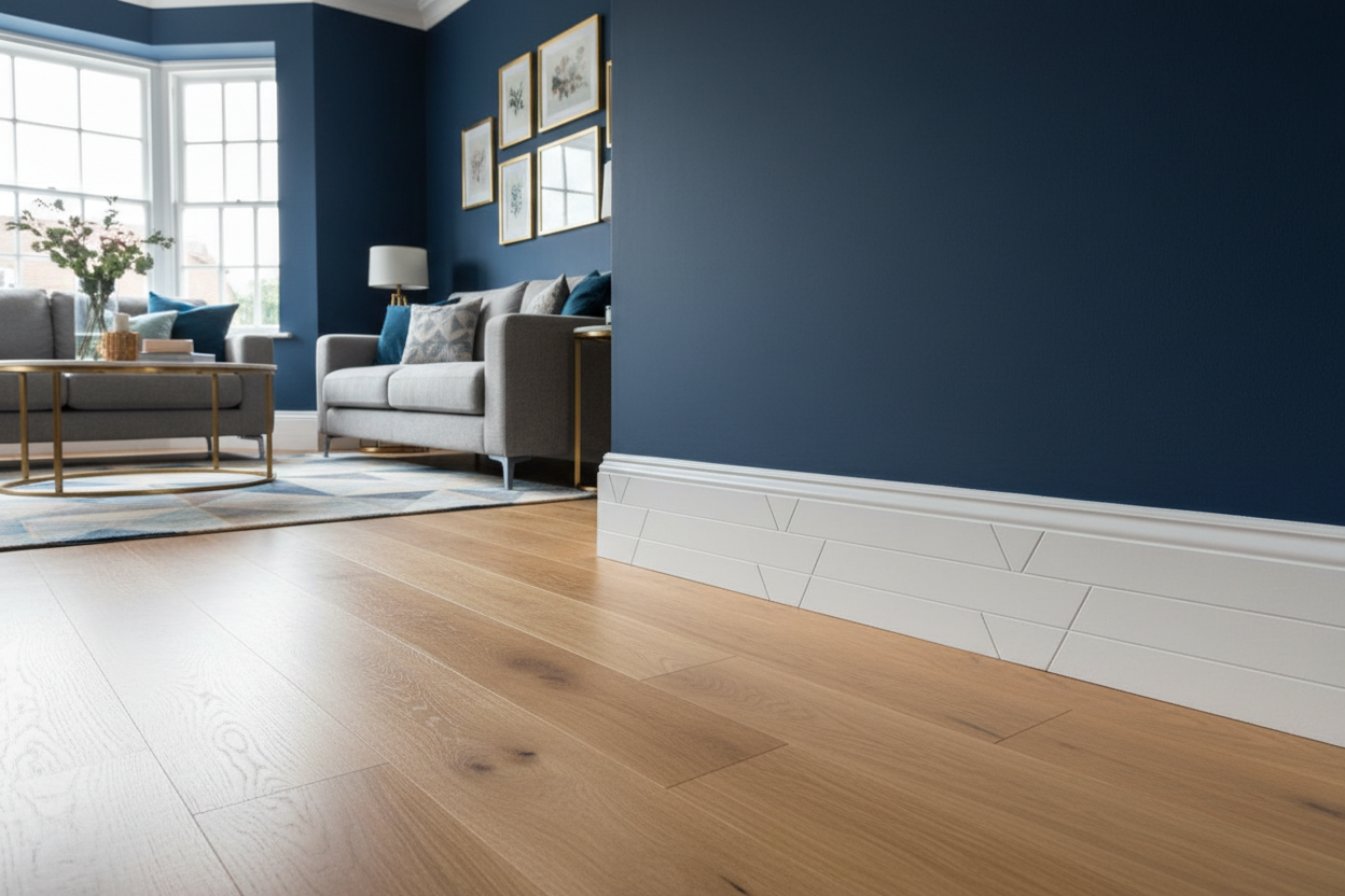 V Groove skirting board against navy blue wall