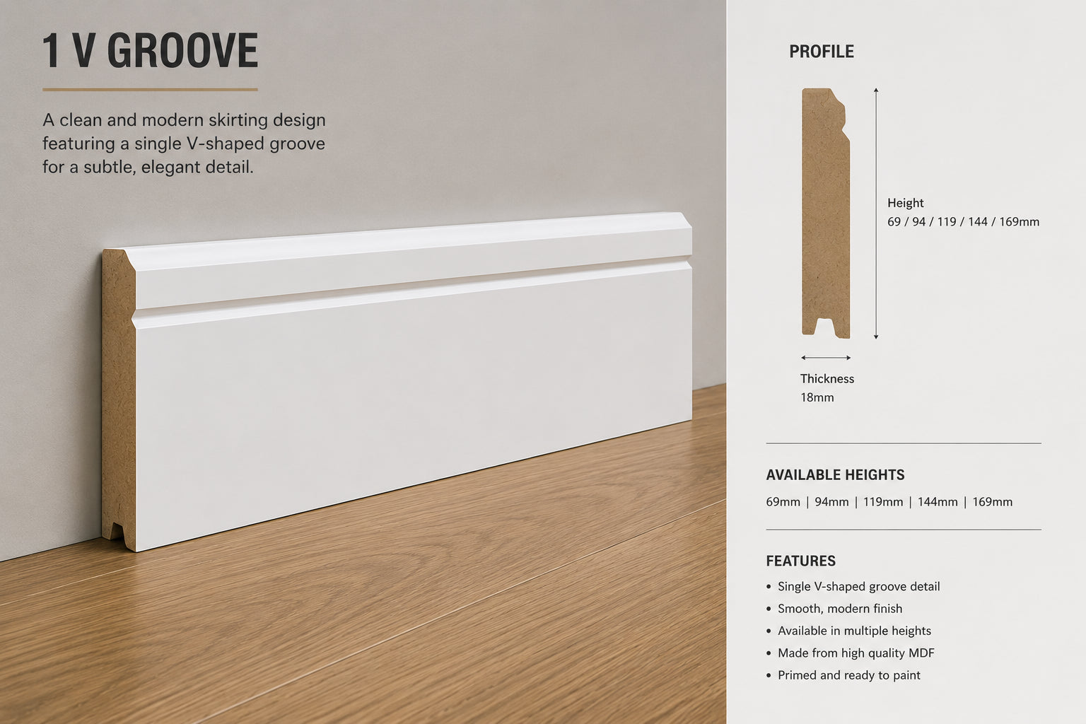 V Groove MDF moisture-rezistent Skirting Boards — 120 / PRIMED / 18