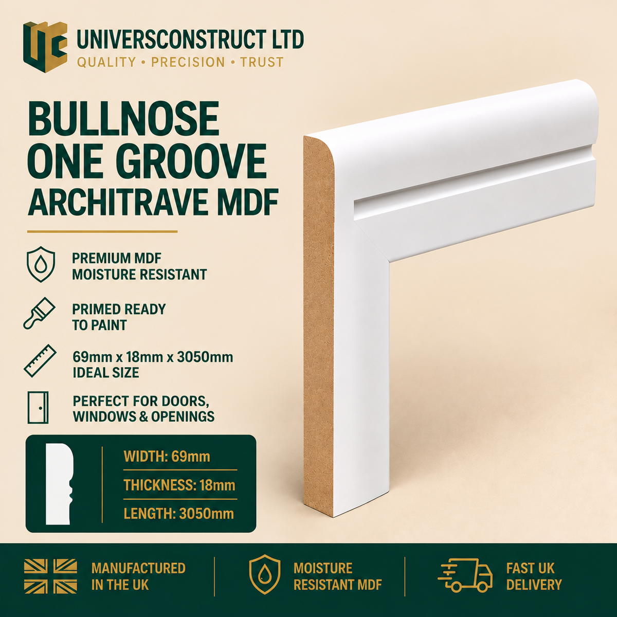 Bullnose One Groove MDF Moisture-Resistant Architrave (3050mm x 69mm x 18mm)