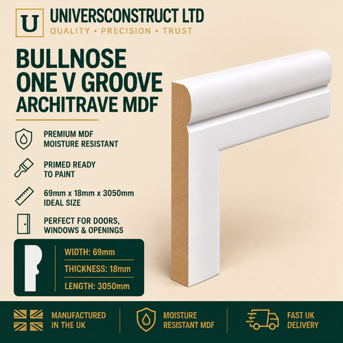 Bullnose One V Groove MDF architrave with a rounded edge and single V groove, 69mm x 18mm x 3050mm.