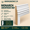 Monarch MDF architrave with ornate moulded profile, 100mm wide, 25mm thick and 3050mm long.