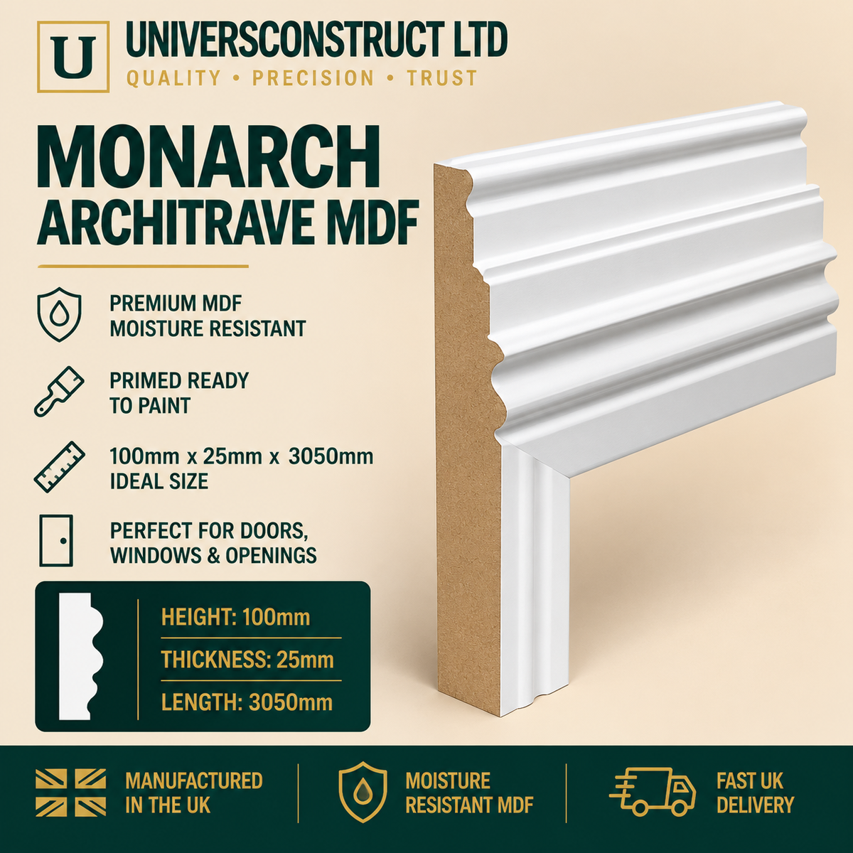 Monarch MDF architrave with ornate moulded profile, 100mm wide, 25mm thick and 3050mm long.