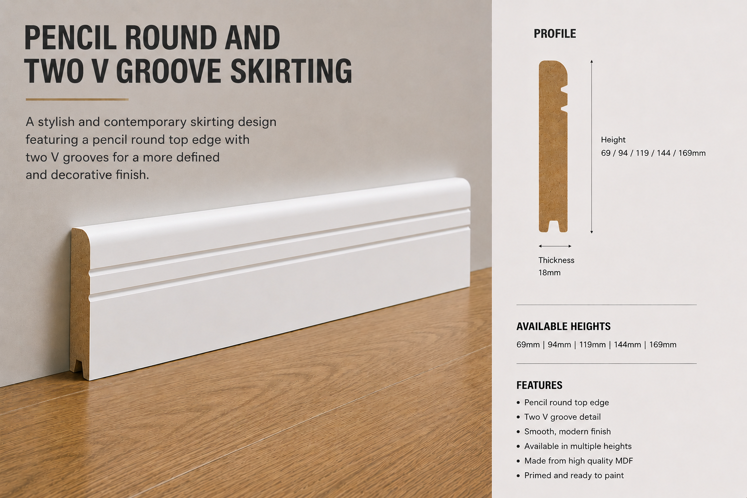Pencil Round Two V Groove MDF moisture-resistant Skirting Board — 3050 / 166 / 18 / UNPRIMED