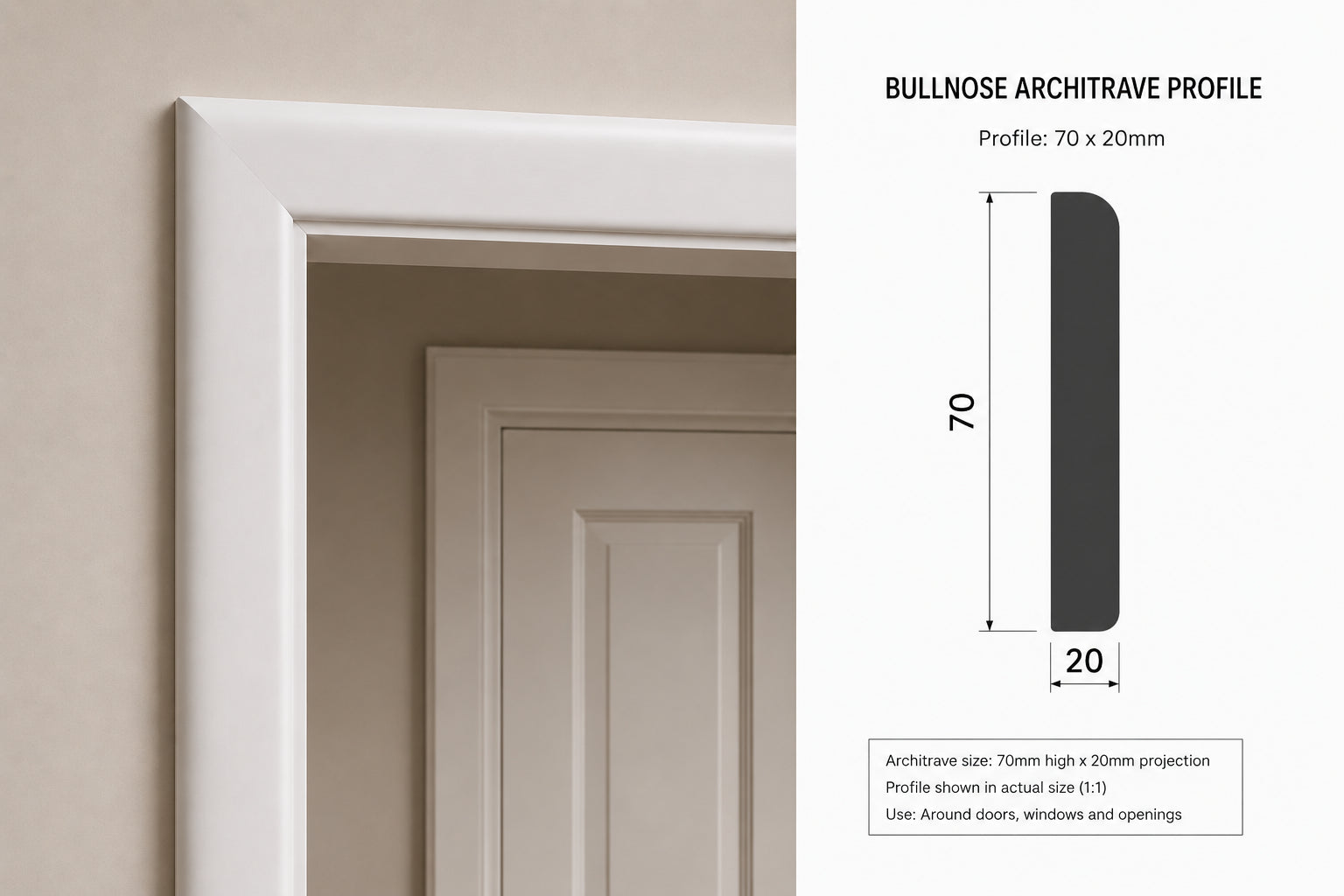 Bullnose MDF Architrave — 3050 / 69 / 18 / PRIMED