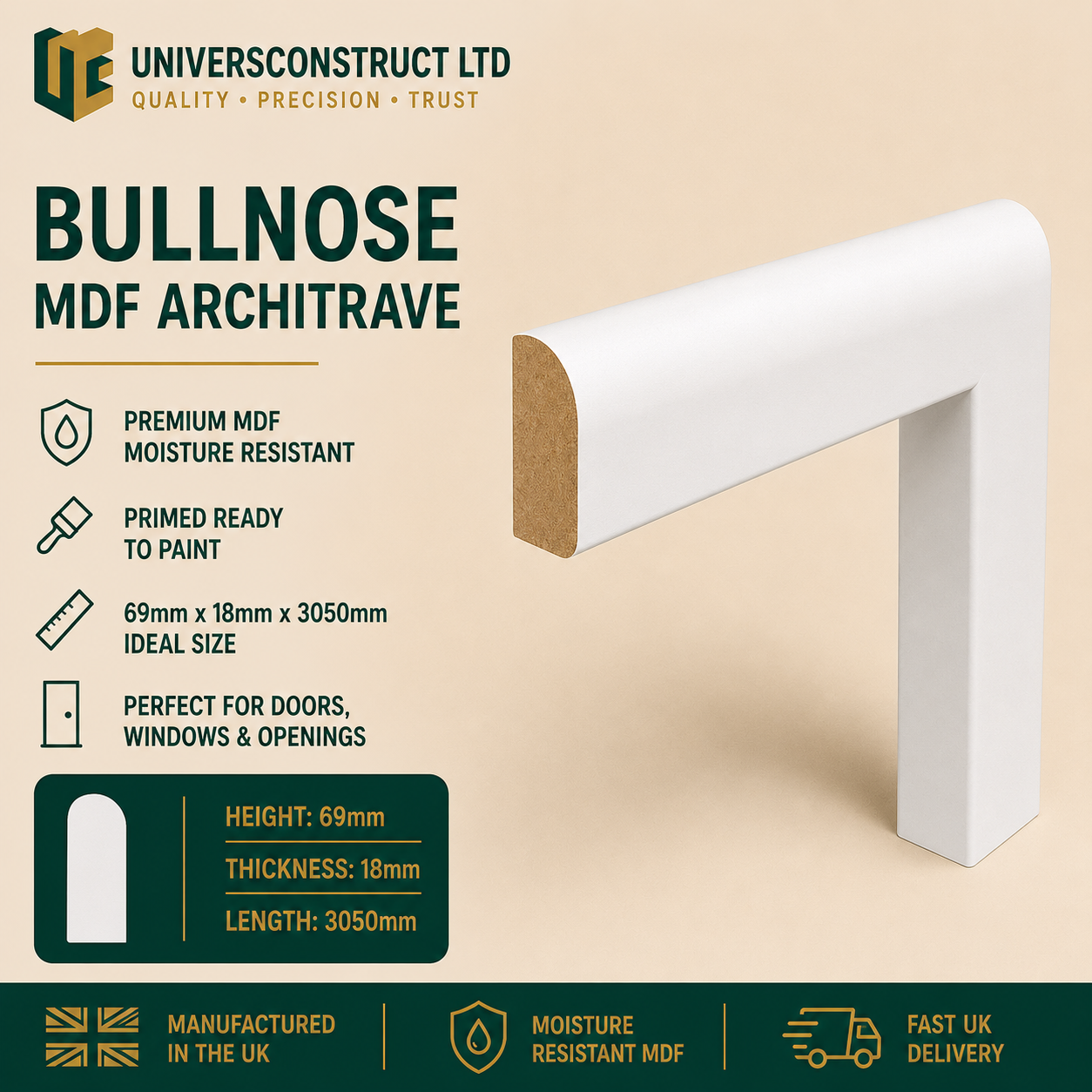 Bullnose MDF moisture-resistant architrave 3050mm x 69mm primed or unprimed