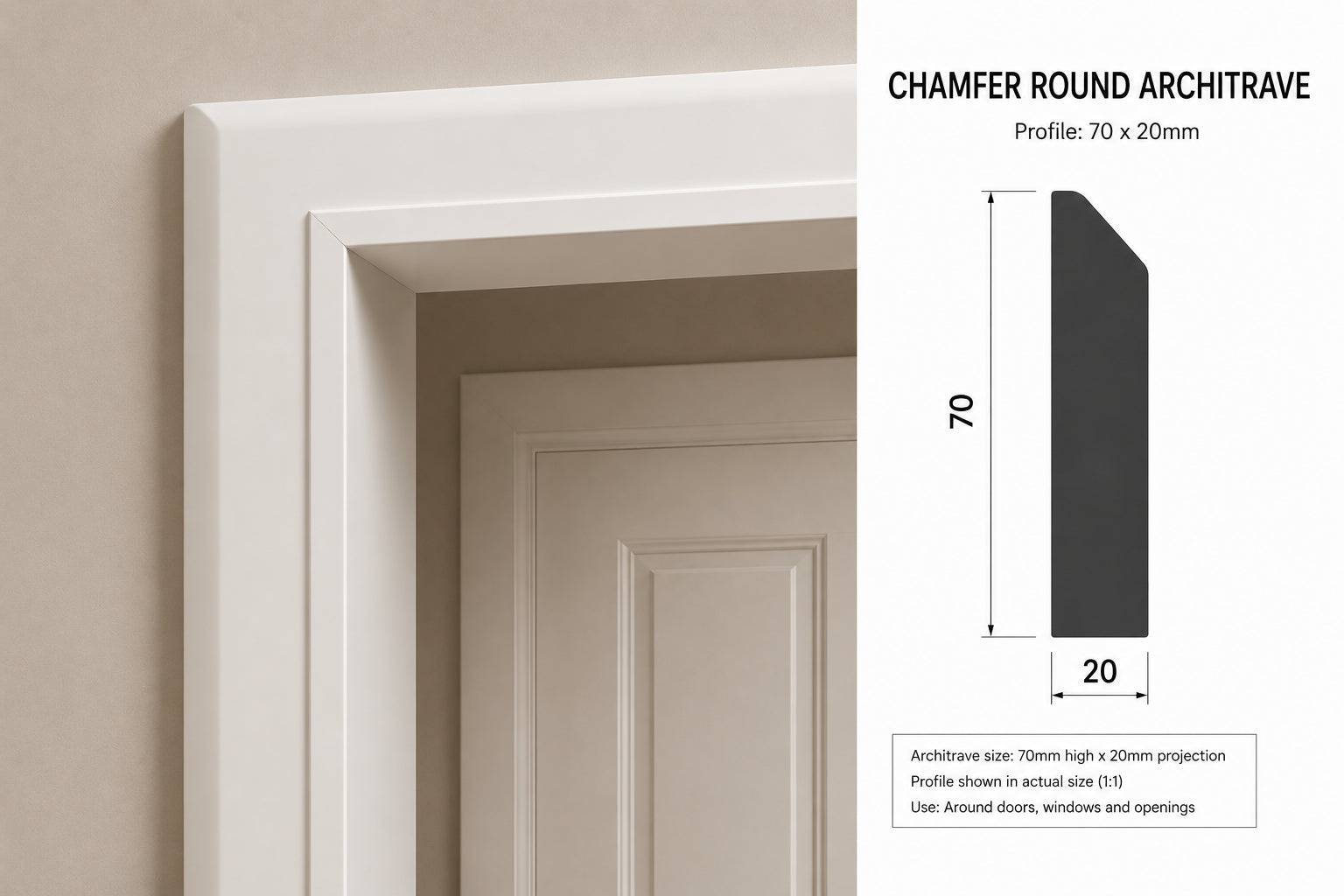 Chamfer Round MDF Architrave — 3050 / 69 / 18 / PRIMED