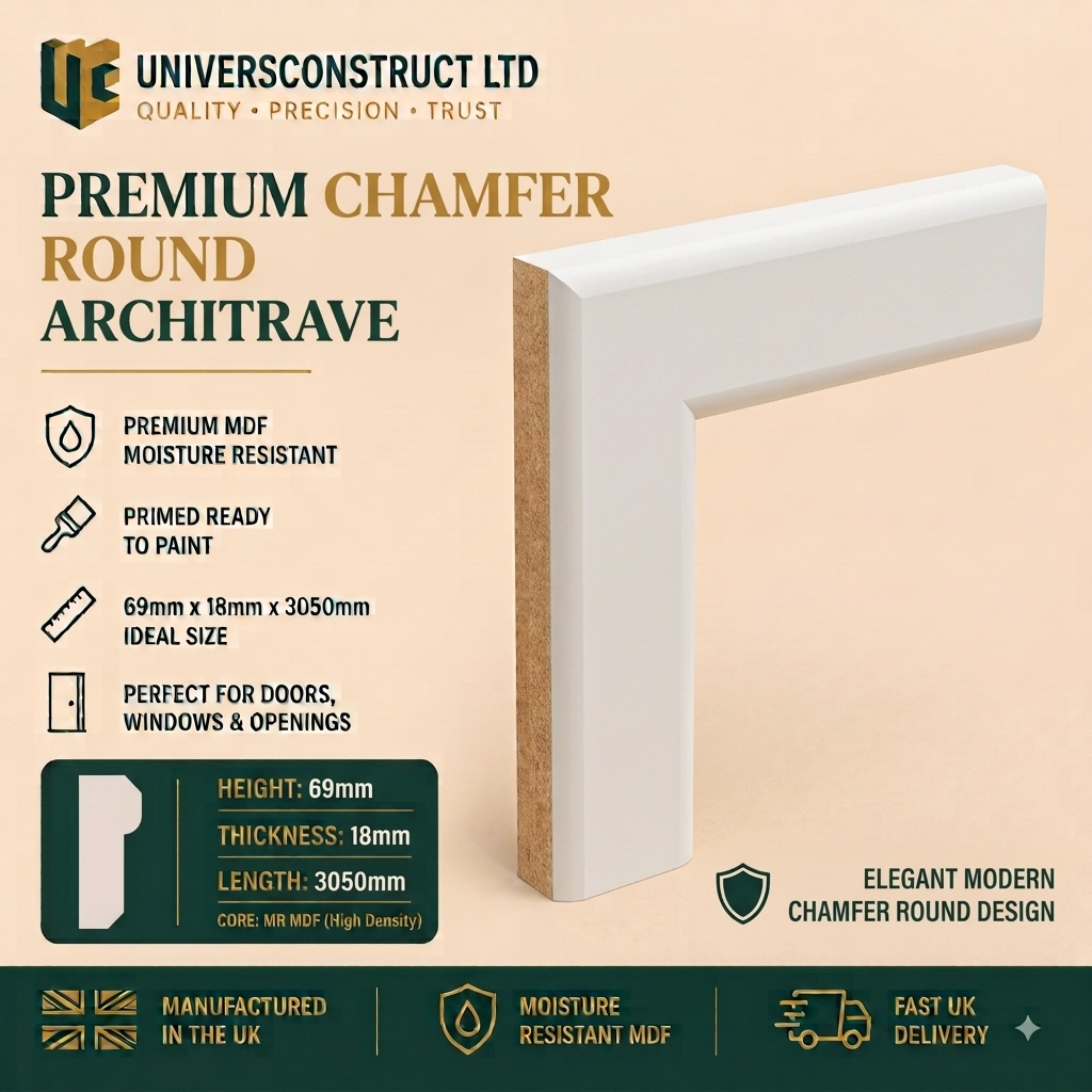 Chamfer Round MDF moisture-resistant architrave 3050mm x 69mm primed or unprimed