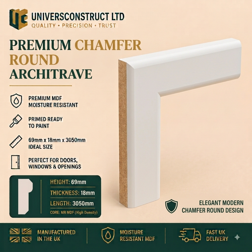 Chamfer Round MDF moisture-resistant architrave 3050mm x 69mm primed or unprimed