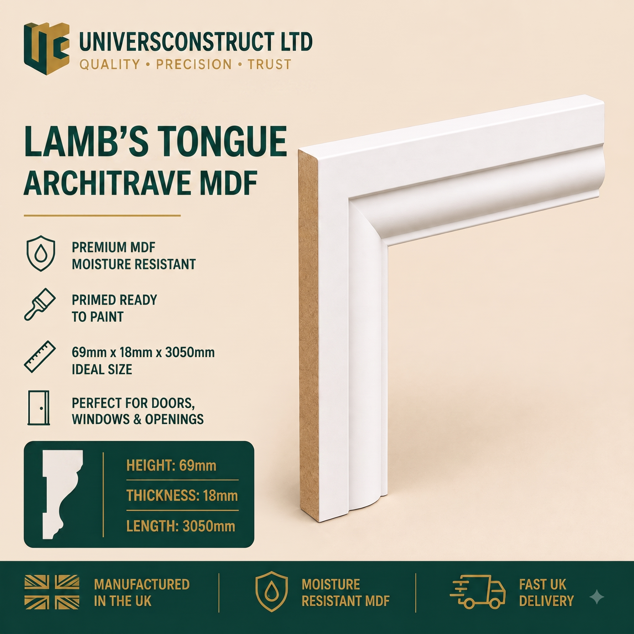 Lambs Tongue MDF moisture-resistant architrave 3050mm x 69mm primed or unprimed