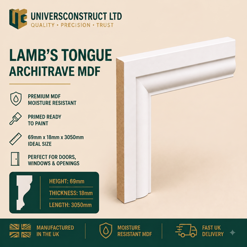 Lambs Tongue MDF moisture-resistant architrave 3050mm x 69mm primed or unprimed
