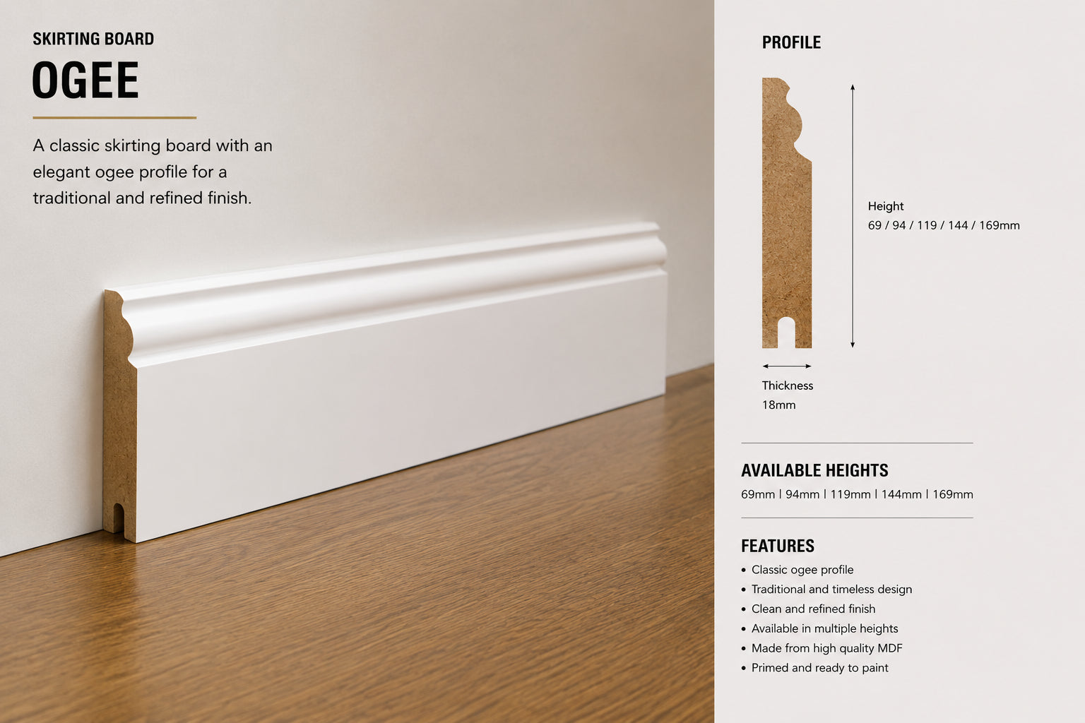 Ogee MDF moisture-resistant Skirting Board — 3050 / 120 / 18 / PRIMED