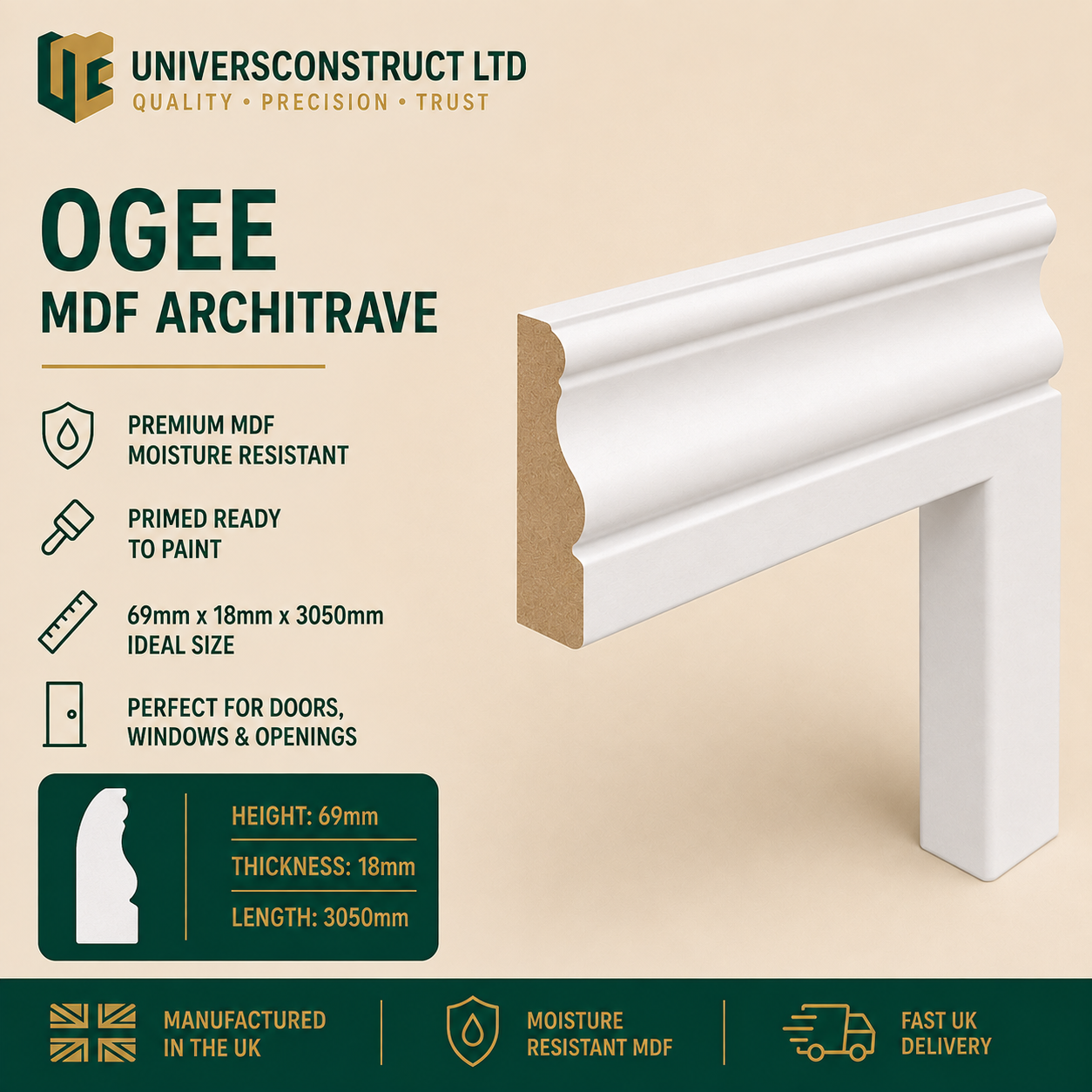 Ogee MDF moisture-resistant architrave 3050mm x 69mm primed or unprimed