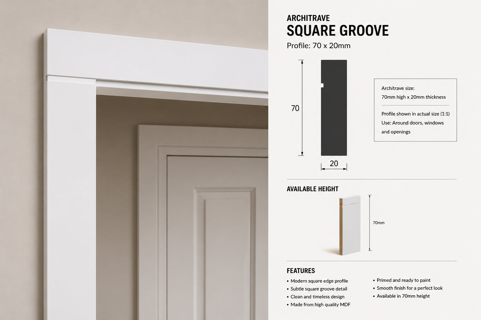 One Square Groove MDF Architrave — 3050 / 69 / 18 / PRIMED