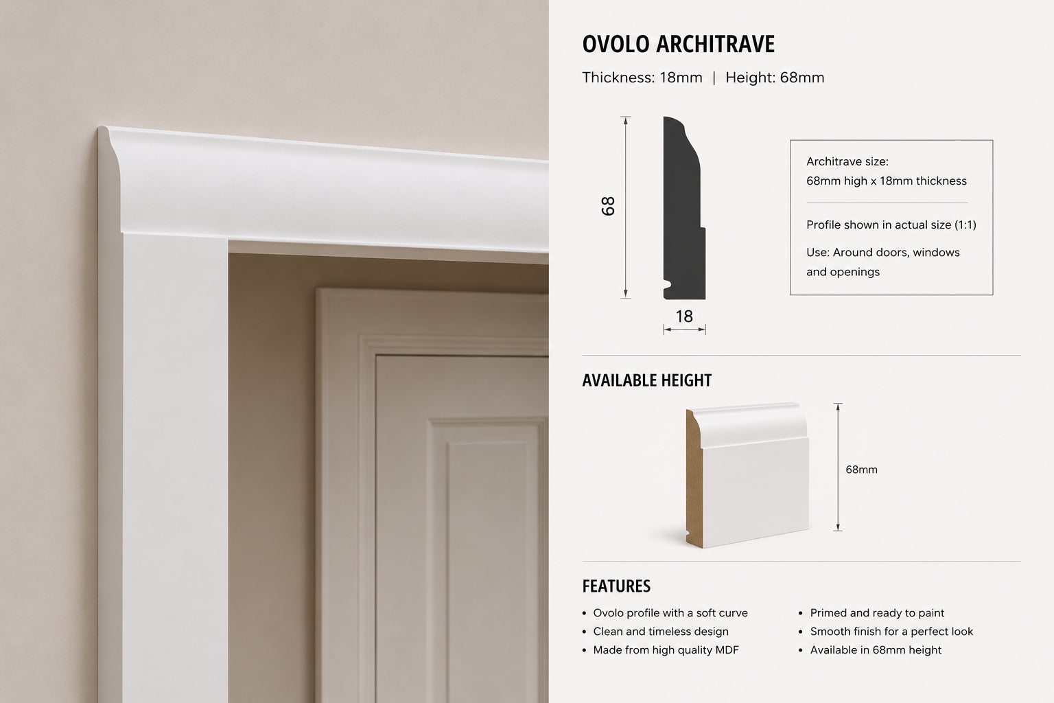 Ovolo MDF Architrave — 3050 / 69 / 18 / PRIMED