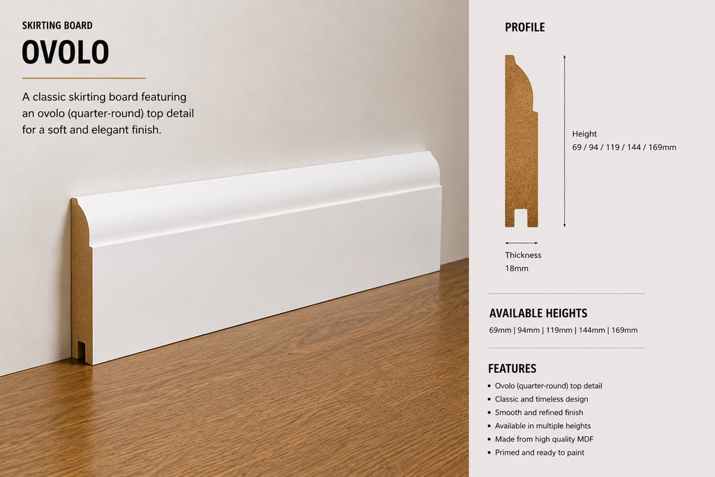 Ovolo MDF moisture-resistant Skirting Board — 3050 / 166 / 18 / PRIMED