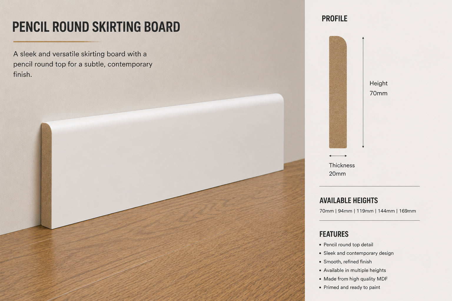 Pencil Round MDF moisture-resistant Skirting Board — 3050 / 120 / 18 / PRIMED