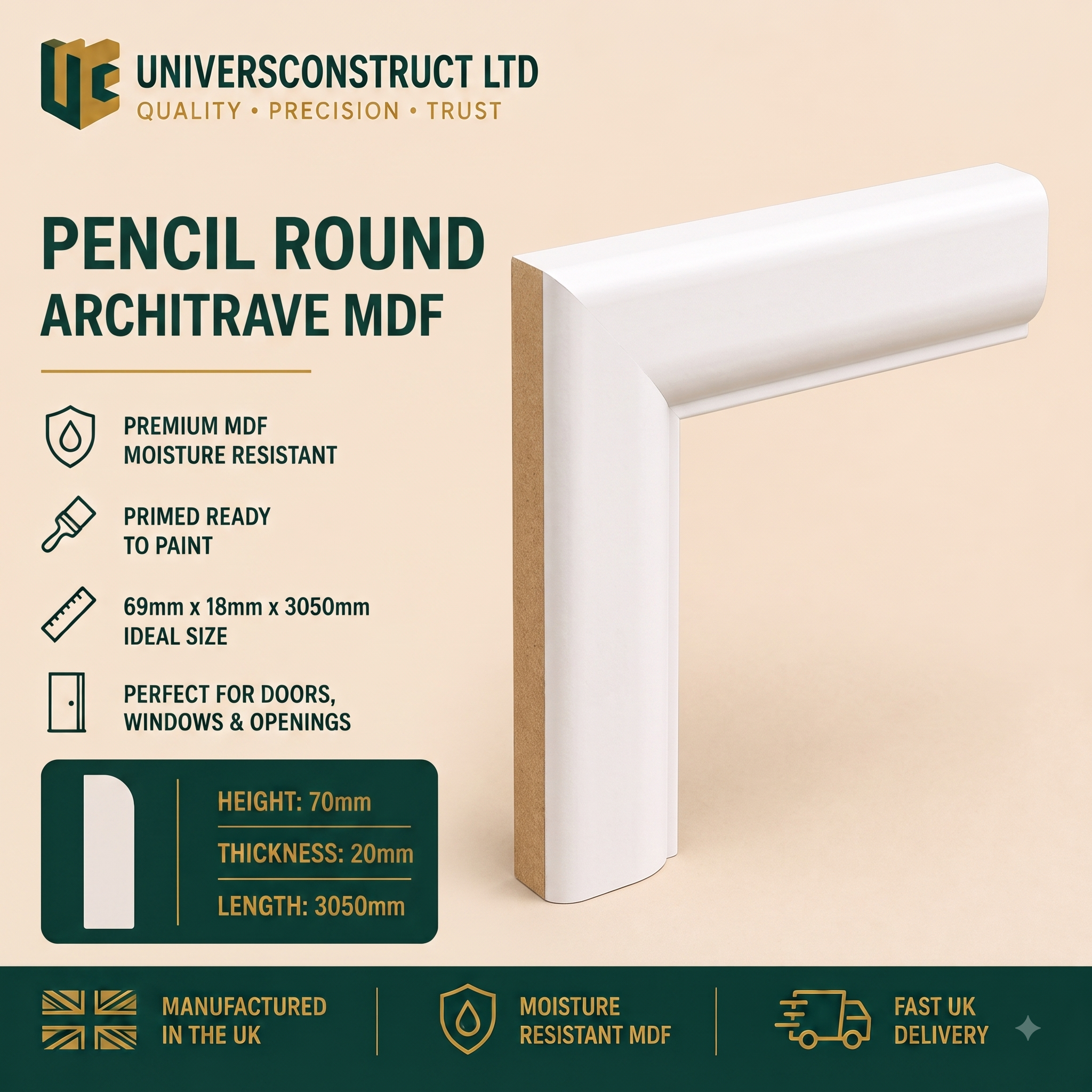 Pencil Round MDF moisture-resistant architrave 3050mm x 69mm primed or unprimed