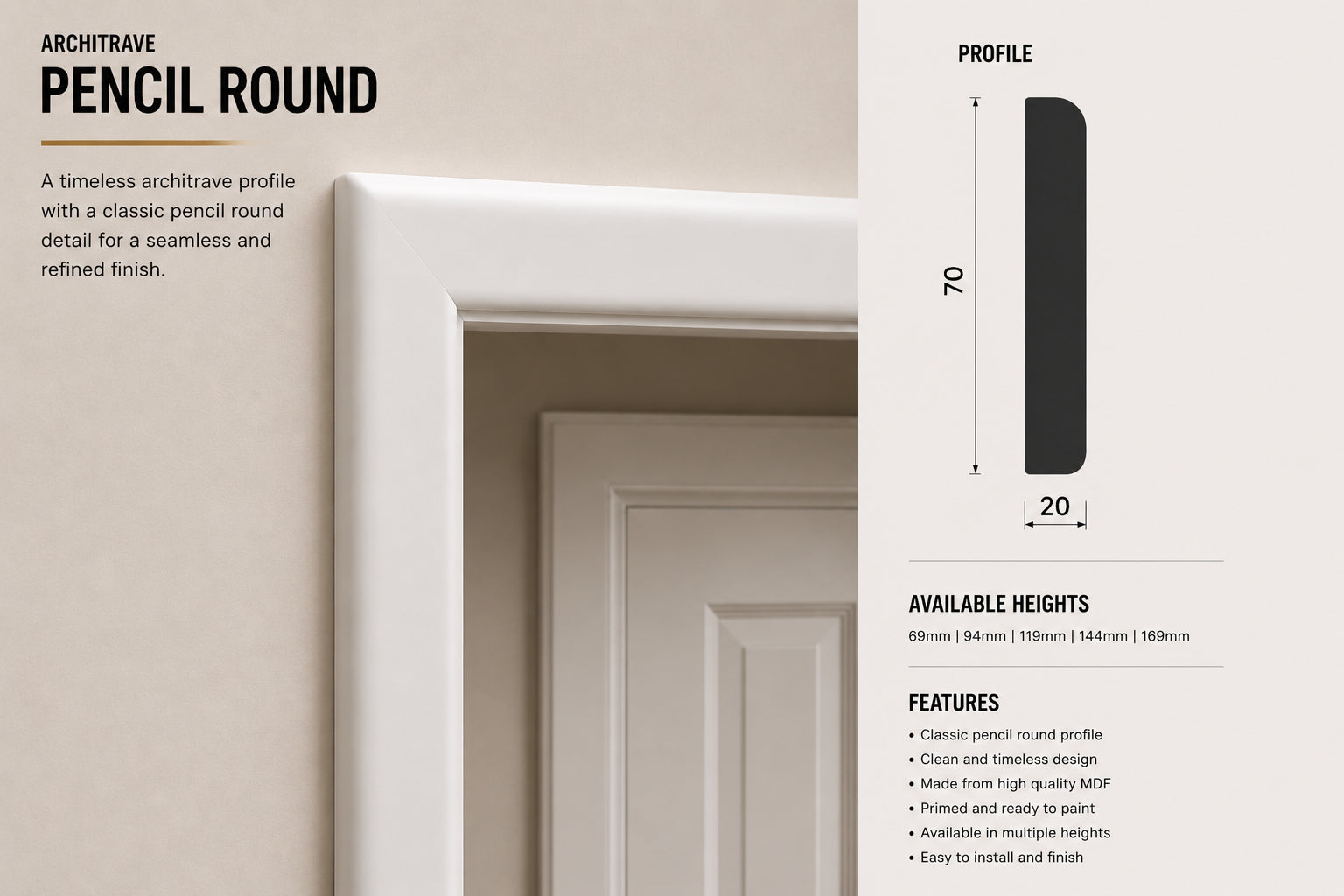 Pencil Round MDF Architrave — 3050 / 69 / 18 / UNPRIMED