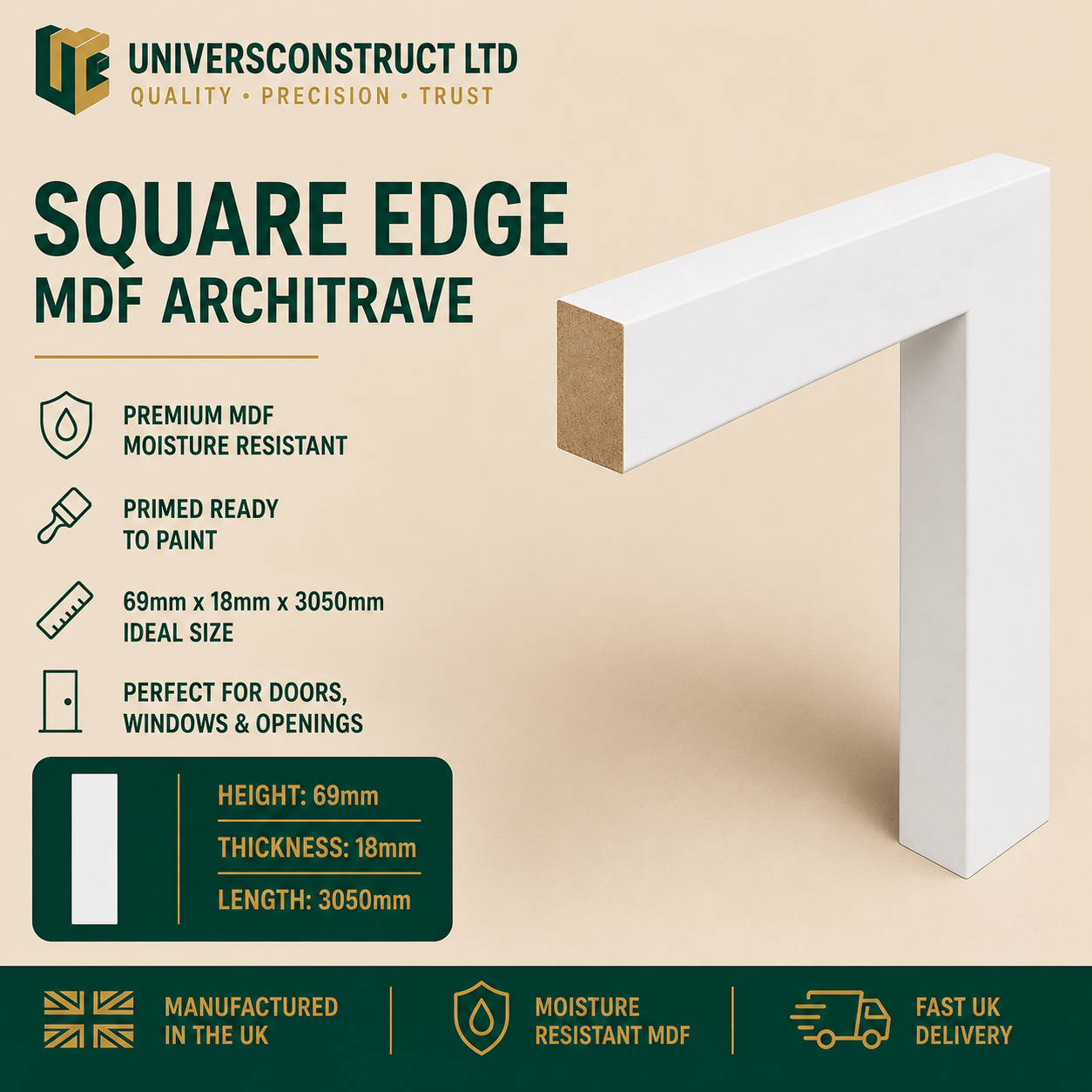 Square Edge MDF moisture-resistant architrave 3050mm x 69mm primed or unprimed