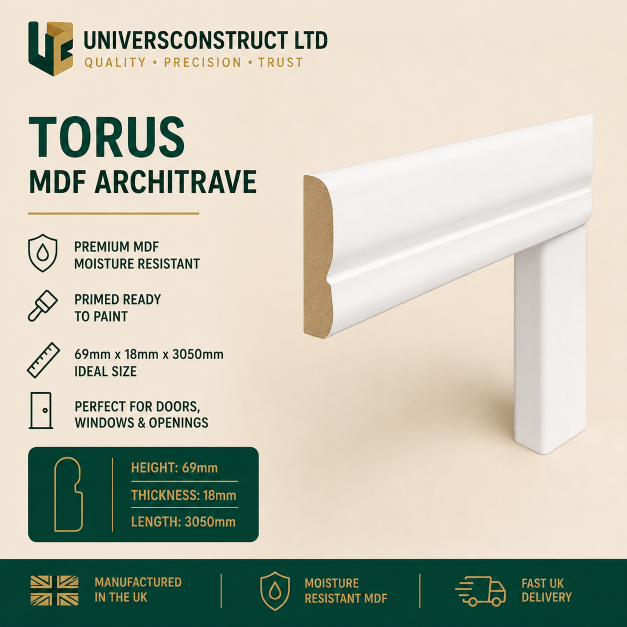 Torus MDF moisture-resistant architrave 3050mm x 69mm primed or unprimed