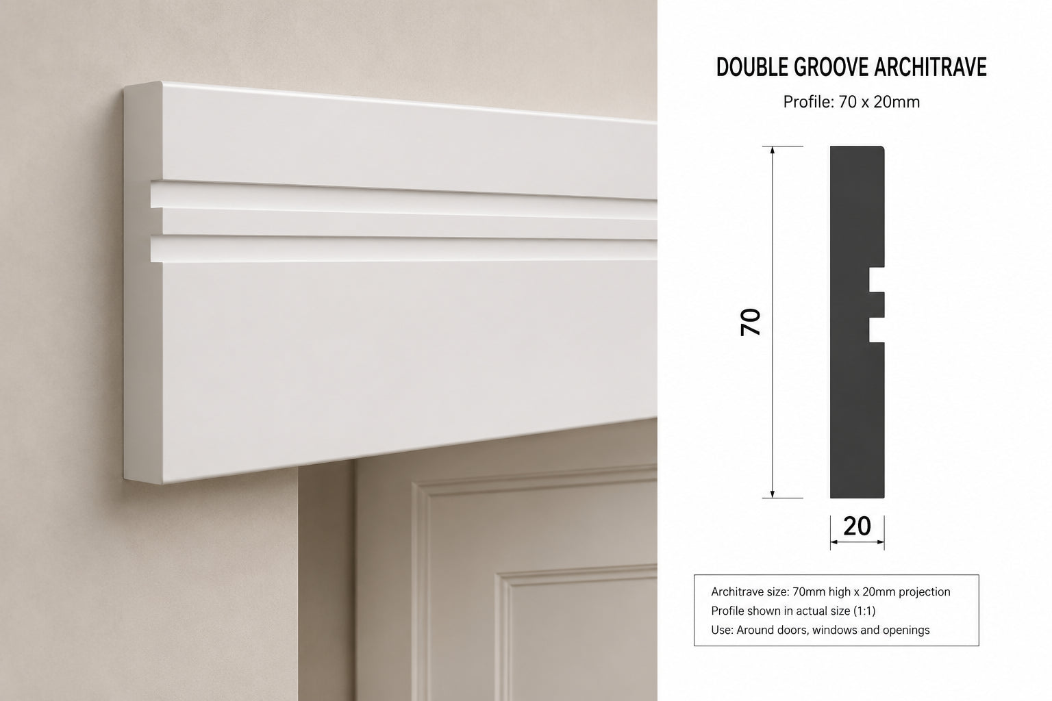 Two Square Groove MDF Architrave — 3050 / 69 / 18 / PRIMED