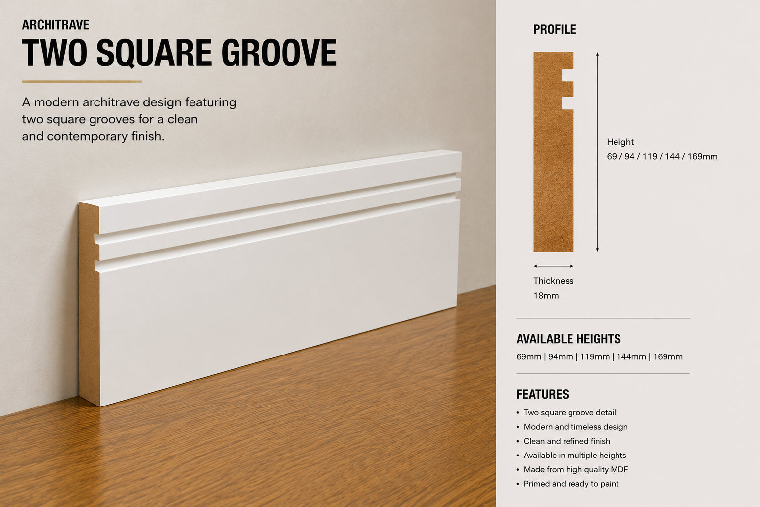 Two Square Groove MDF moisture-resistant Skirting Board — 3050 / 166 / 18 / PRIMED