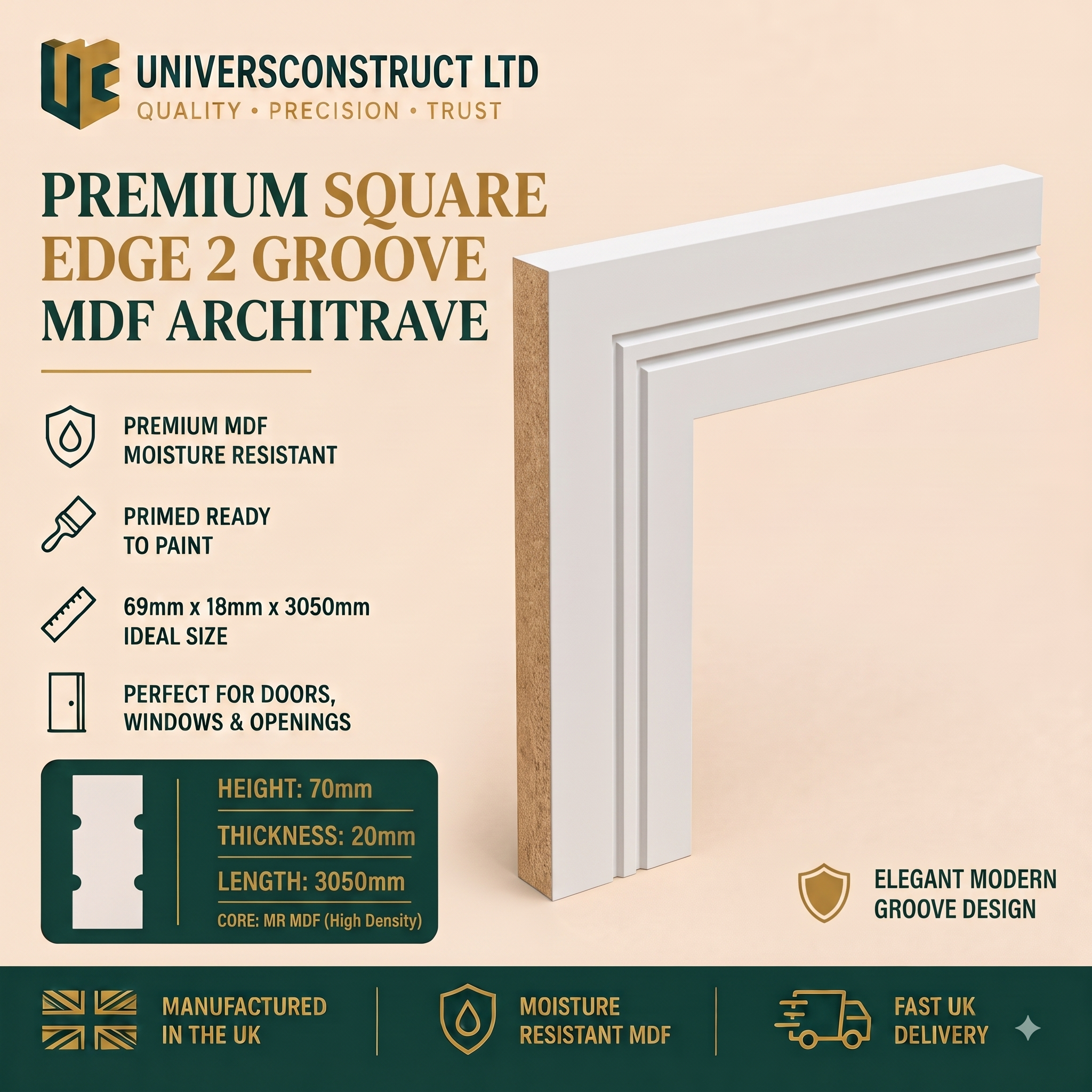 Two Square Groove MDF moisture-resistant architrave 3050mm x 69mm primed or unprimed